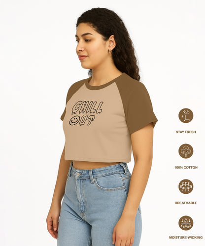 SHODOX 100% Cotton Crop top for Womens - Printed Raglan Sleeve Stylish Tshirt, Relaxed Fit Drop Shoulder Tops for Women
