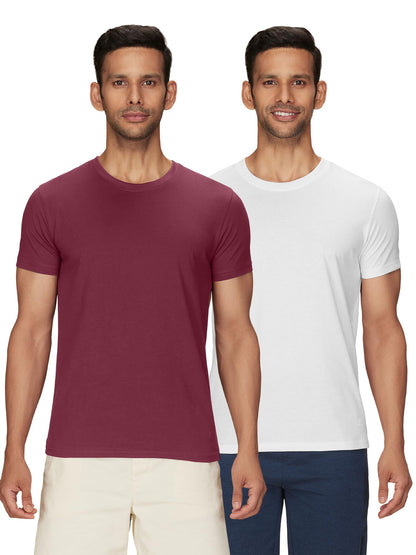 XYXX Mens Solid Regular Fit T-Shirt (XY_CR15_Tshirt_2_Bold Burgundy+Polar White