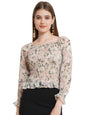 POPWINGS Casual Floral Print Chiffon Regular Fit Tops for Women || Full Sleeves Summer Tops for Women || Square Neck Smocking Pa