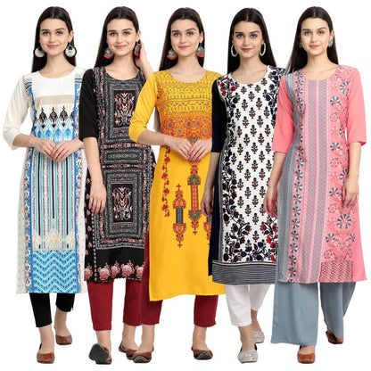 Pinkmint WomenS Printed Kurti For WomenS Round Neck Straight Kurti For Women (Pack Of 5)