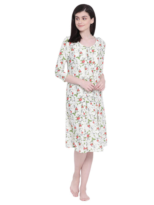 Clovia Womens Rayon Leaf Print Maternity Feeding Short Night Dress (NS1347P11_Beige_XL)