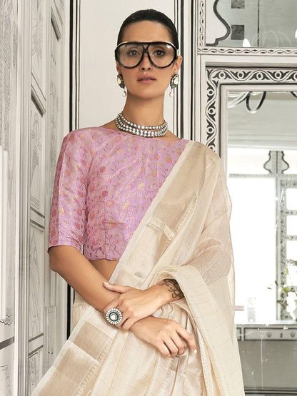 Madhuhansh Womens Soft Linen Saree With Unstitched Multicolor Paisley Blouse Piece Saree With Satin Border Comfortable Skin Frie