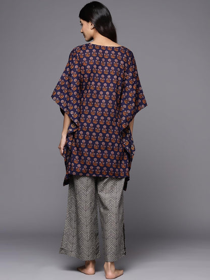 Libas Womens Printed Cotton Night Suit Set For Women Navy Blue
