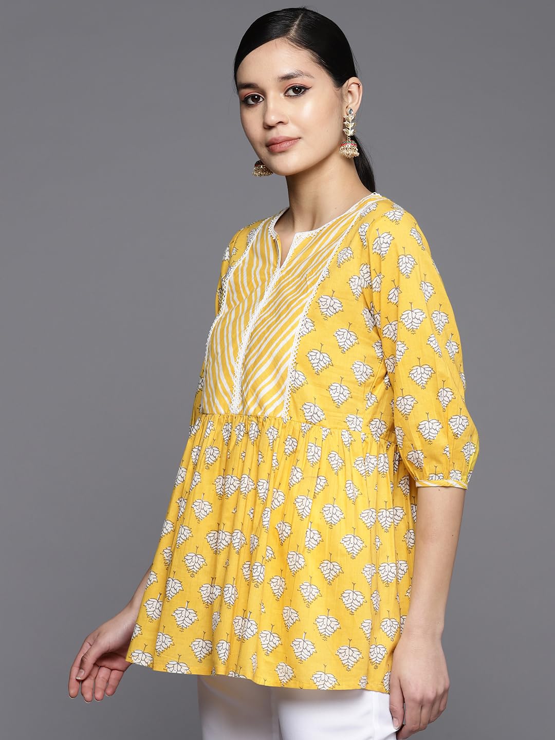 Libas Womens Pure Cotton Printed A-Line Kurtis (26142_Yellow