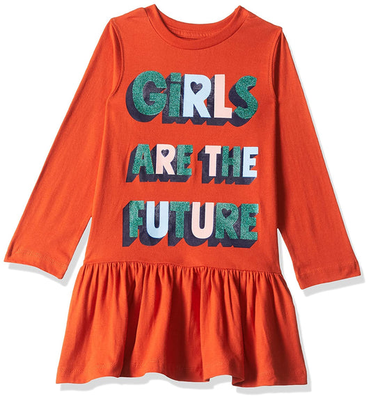 T2F Girls Cotton A-Line Knee-Length Casual Dress (GLS-DRZ-05_Orange