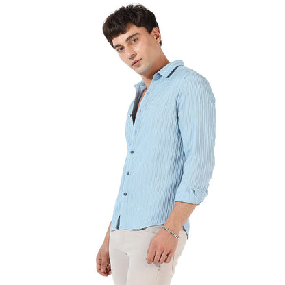 Campus Sutra Mens Light Blue Textured Button Up Spread Collar Shirt for Casual Wear | Regular Fit | Poly Lycra Shirt Crafted wi