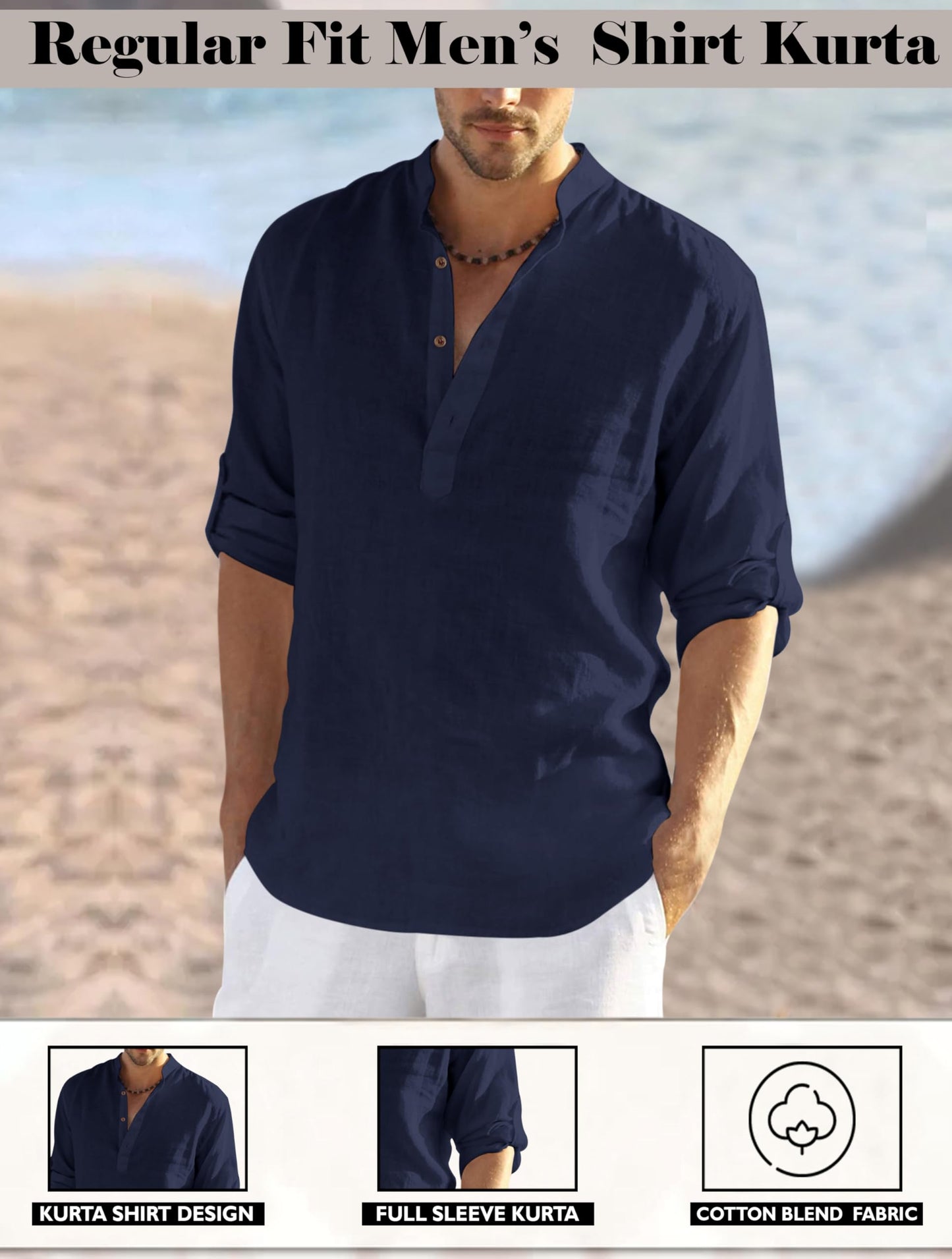 Finivo Fashion MenS Cotton Blend Full Sleeve Regular Fit Short Kurta Navy
