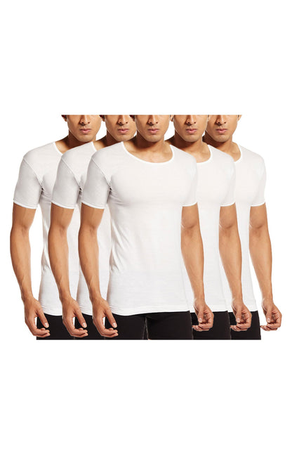 PRAKASAM COTTON Mens Combed Cotton Round Neck Half Sleeve White Vest with Extended Length for Easy Tuck (Gold) Pack of 5