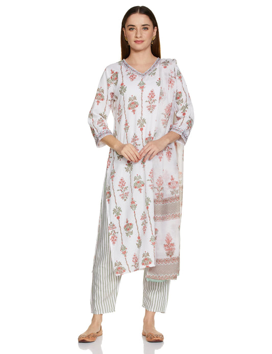 KLOSIA Women Cotton Printed Kurta And Pant Set With Dupatta (Small), White