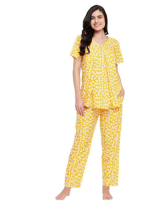 Clovia Womens Rayon Feeding Pretty Florals Top & Pyjama Set (LS0263P02_Yellow_M)