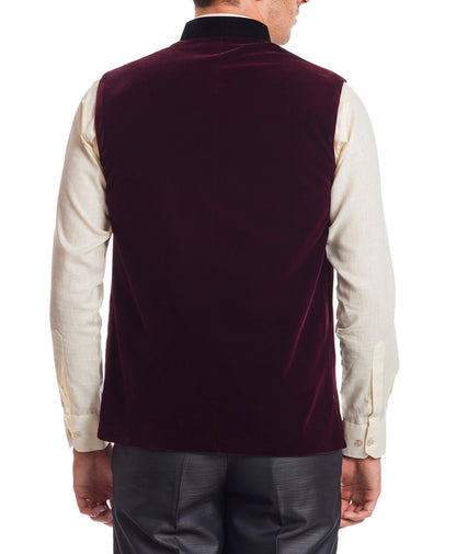 Wintage Men'S Velvet Bandhgala Festive Dark Maroon Nehru Jacket Waistcoat