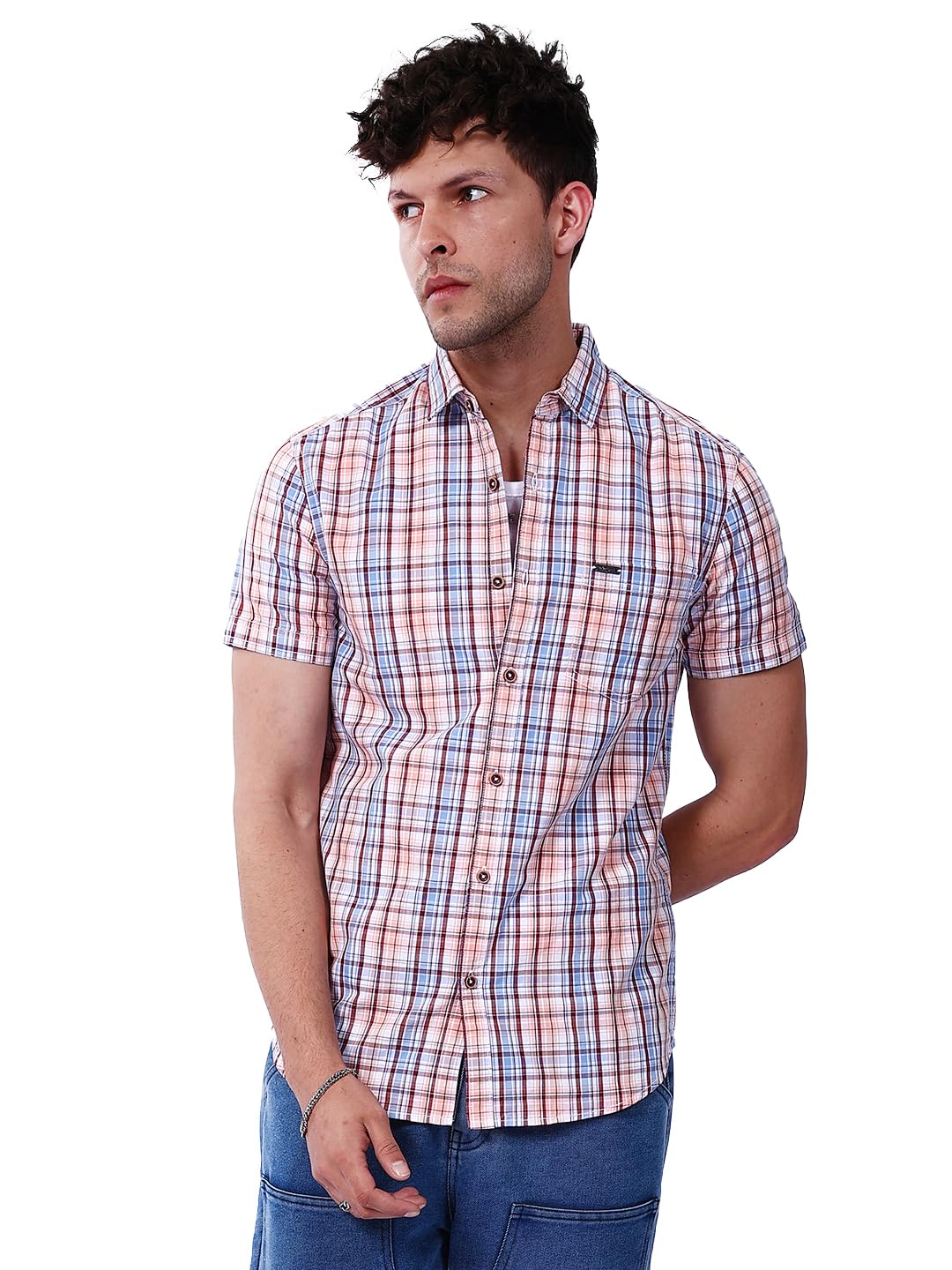 The Indian Garage Co Men Pink Checkered Slim Fit Casual Shirt