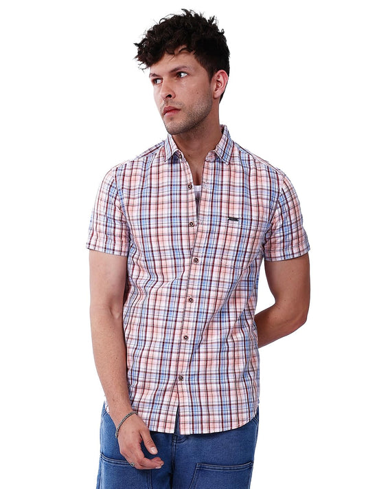 The Indian Garage Co Men Pink Checkered Slim Fit Casual Shirt