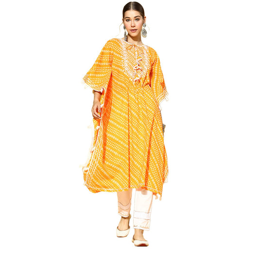 ishin Women's Pure Cotton Kaftan Embroidered Zari Bandhani print Yellow Kurta suit set with Trouser