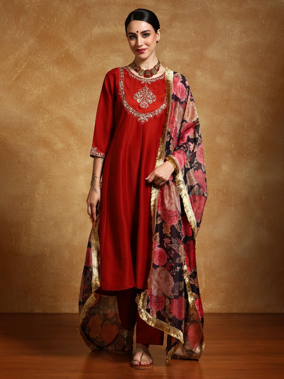 Varanga Women-Zari Embroidered Yoke Anarkali Kurta With Trouser & Dupatta-Karva Chauth Special
