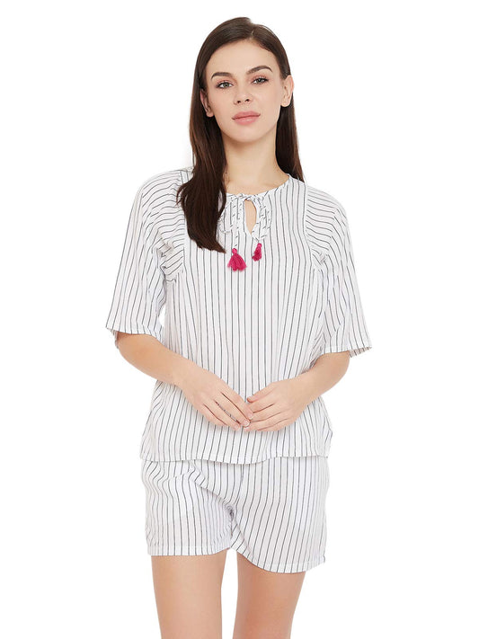 Clovia Womens Rayon Sassy Stripes Top & Shorts Set (LS0542P18_White_XL)