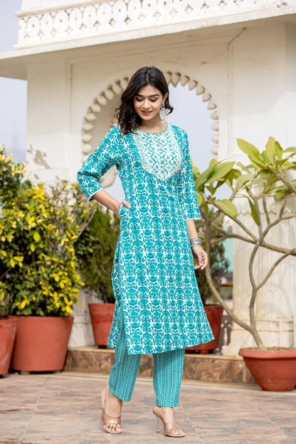 VARANGA Women Blue Printed Round Neck Yoke Embroidered Kurta Paired With Bottom And Dupatta