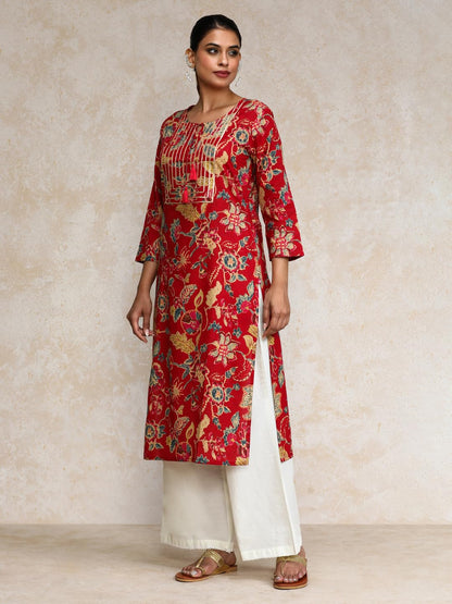 Varanga Women Bold Floral Printed With Lace Gota Patti Detailed Yoke Kurta Red