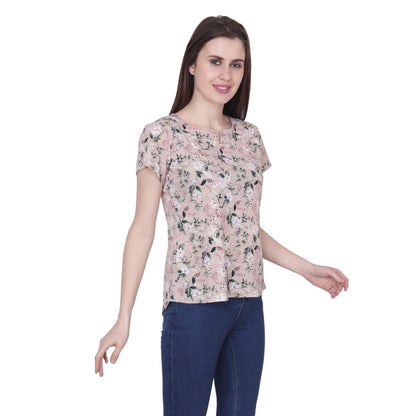 POPWINGS Casual Round Neck Beige Printed Polyester Top for Women