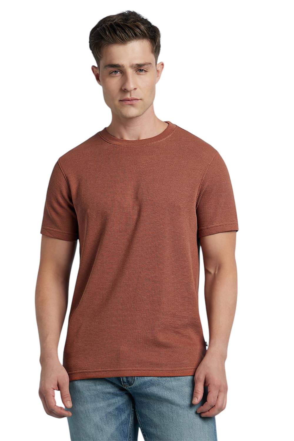 Dennis Lingo Men Cotton Blend Regular Fit Solid Textured T-Shirts Rust
