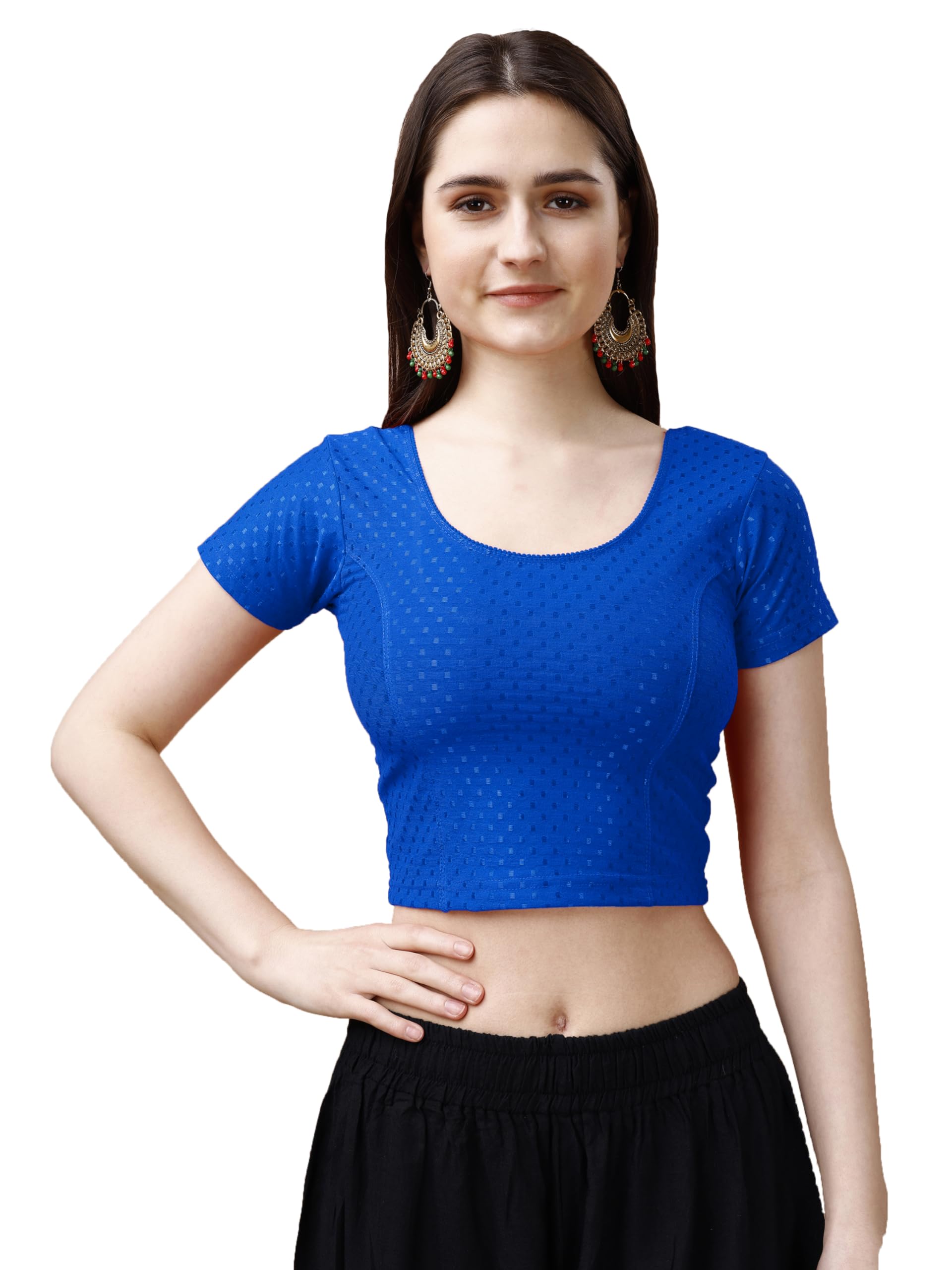 Pujia Mills Womens Readymade Dobby Cotton Lycra Stretchable Round Neck Short Sleeve Blouse Fancy Royal Blue Color Lycra Stretch
