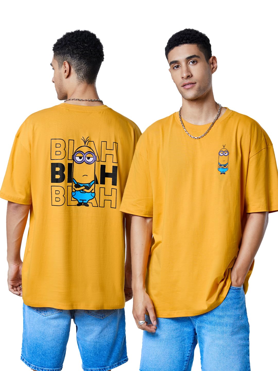 The Souled Store Men Official Minions: Blah Blah Blah Mustard Yellow Printed Oversized T-Shirts