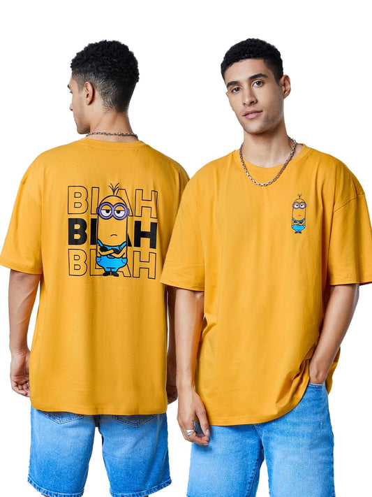 The Souled Store Men Official Minions: Blah Blah Blah Mustard Yellow Printed Oversized T-Shirts