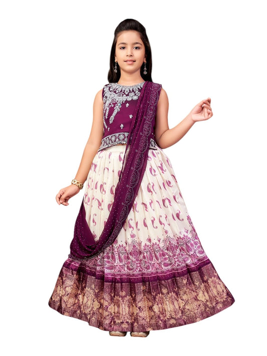 Aarika Girls Ethnic Wear Purple-Cream Colour Mirror Embroidery Georgette Lehenga Choli Set With Attached Dupatta-4-15 Years (Lch