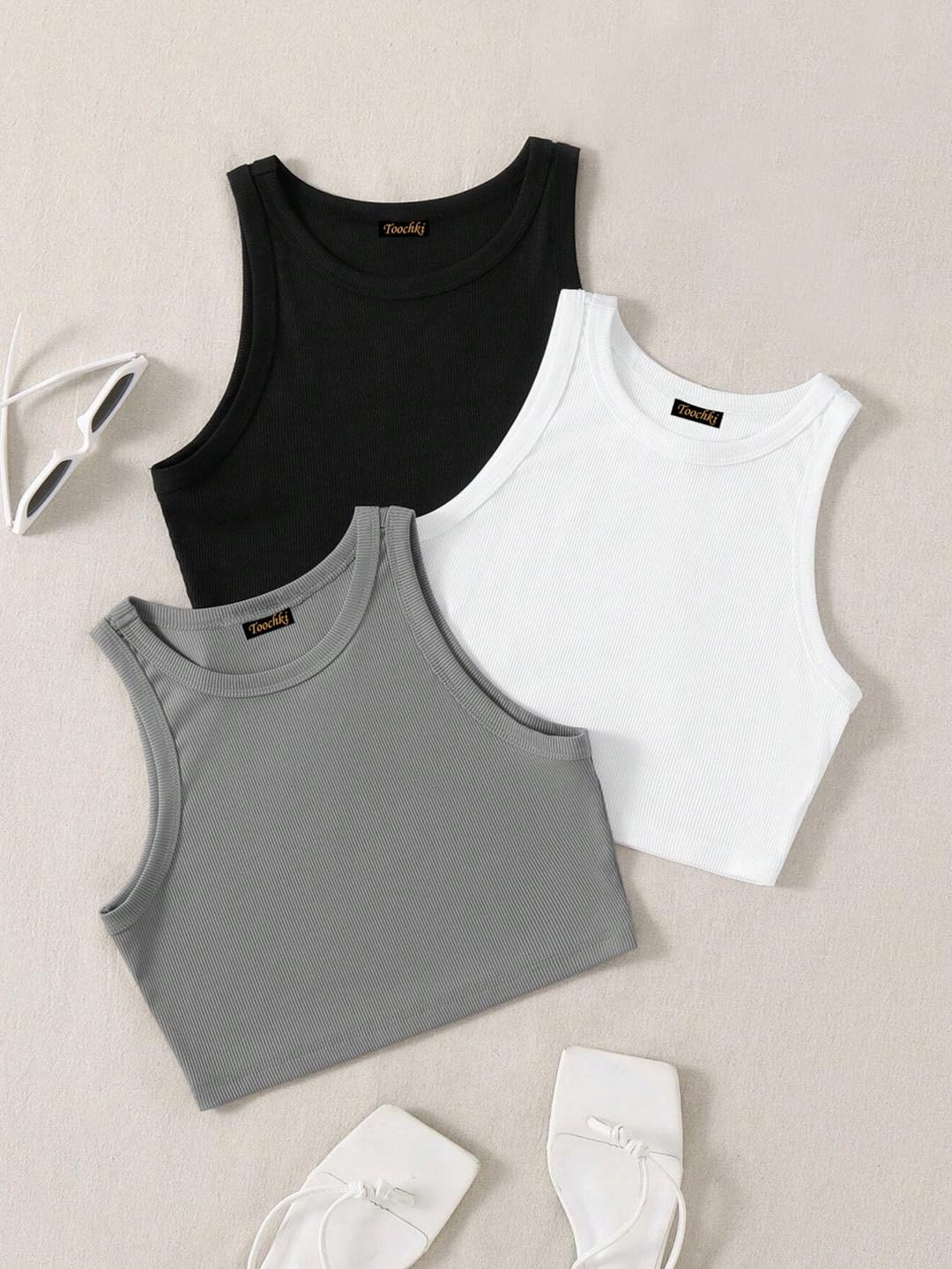 Toochki Tops for Woman | Spandex Top | Crop | Short | Western | for Jeans | Sleeveless | Pack of Three | Stretchable | Black-Whi