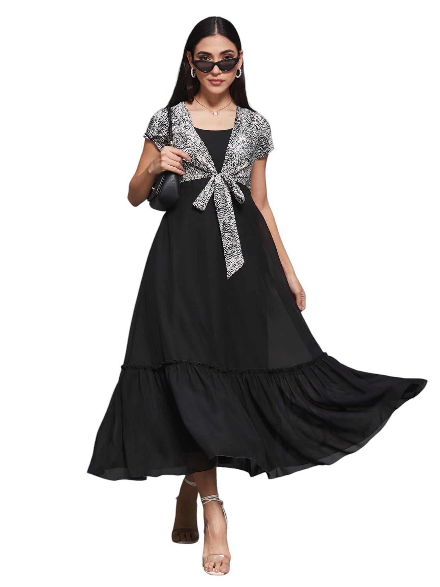 Miss Chase Womens Tapered Short Sleeve Tie Up Midi Dress (MCSS24D16-62-62-02, Black, XS)