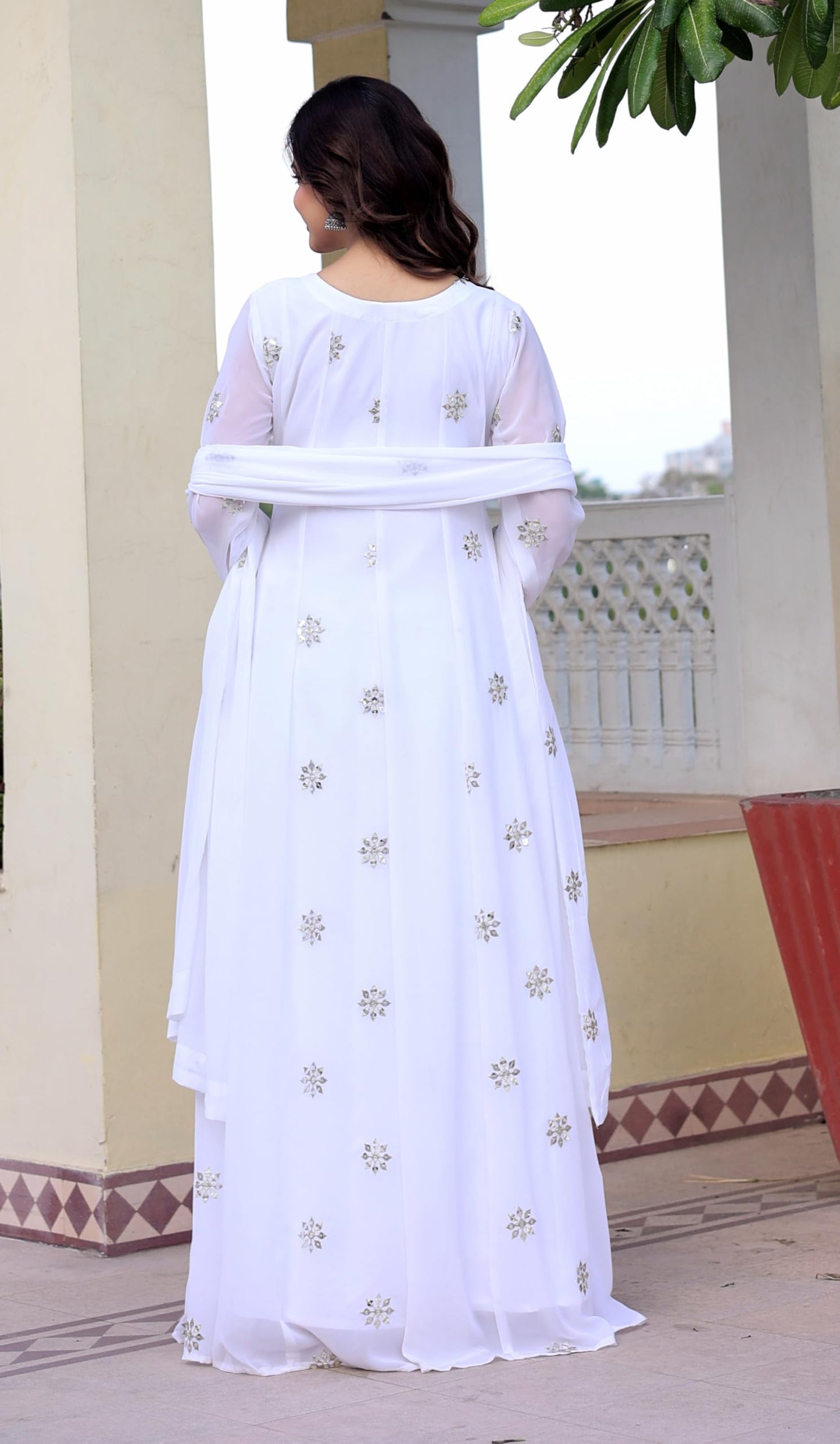 Fashion Basket Georgette Embroidered Gown for Women White