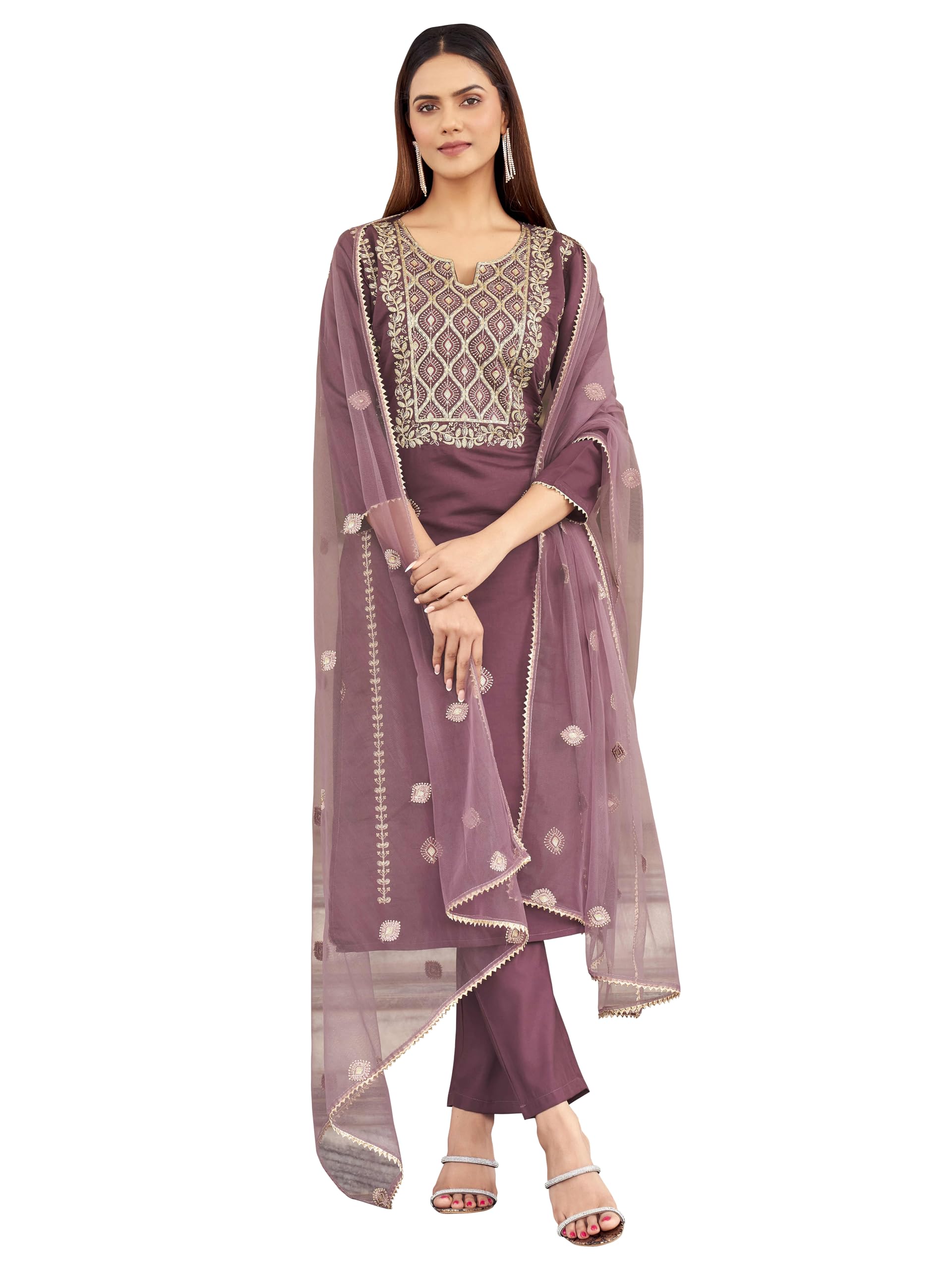 Womanista Women's Mauve Embroidery Kurta with net Dupatta & Trouser