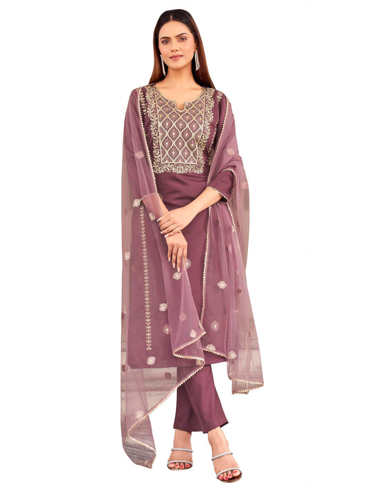 Womanista Women's Mauve Embroidery Kurta with net Dupatta & Trouser