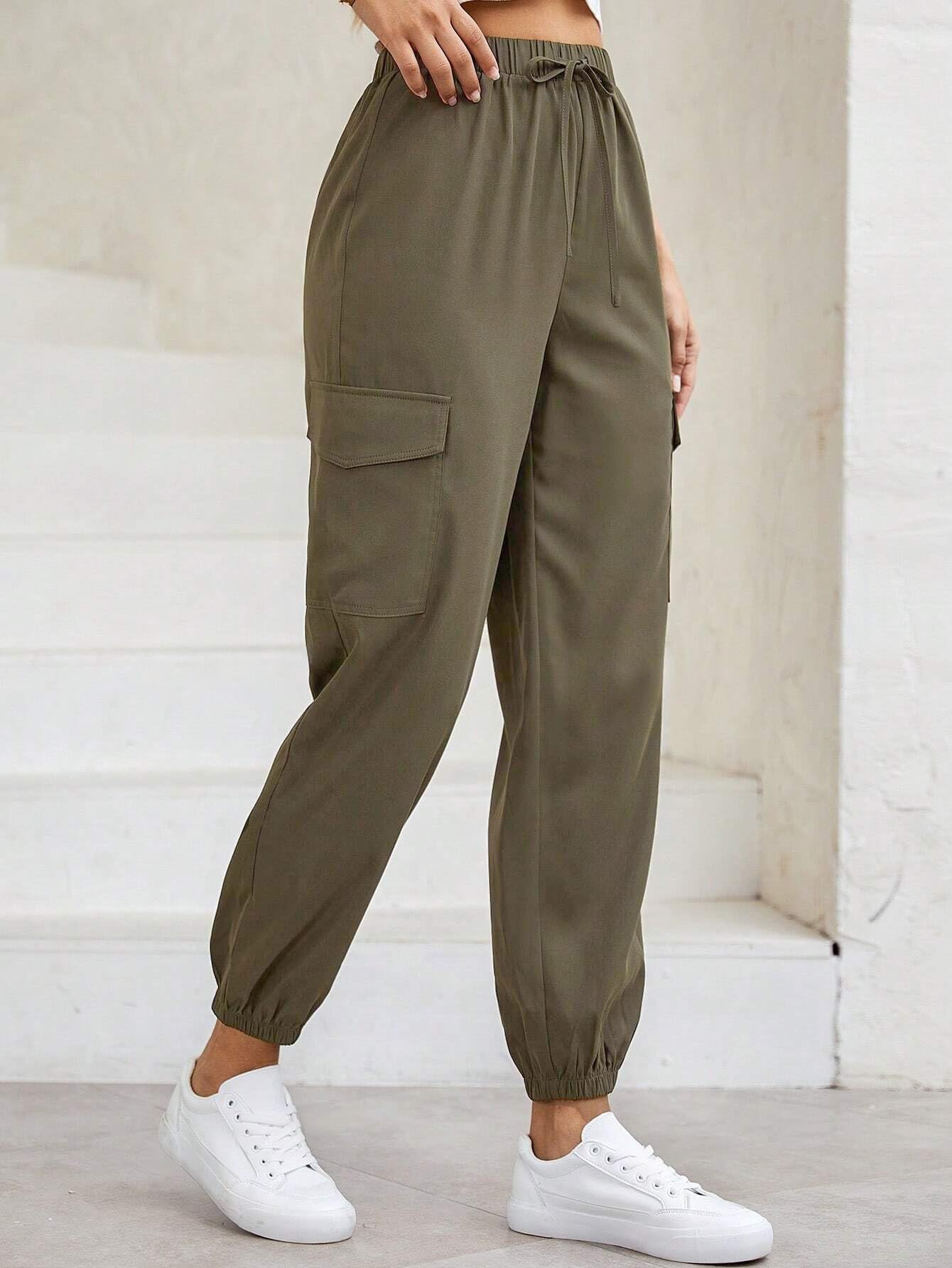 TAGAS Womens Solid Flap Pocket Side Drawstring Waist Cargo Pants || Cargo for Women Khaki