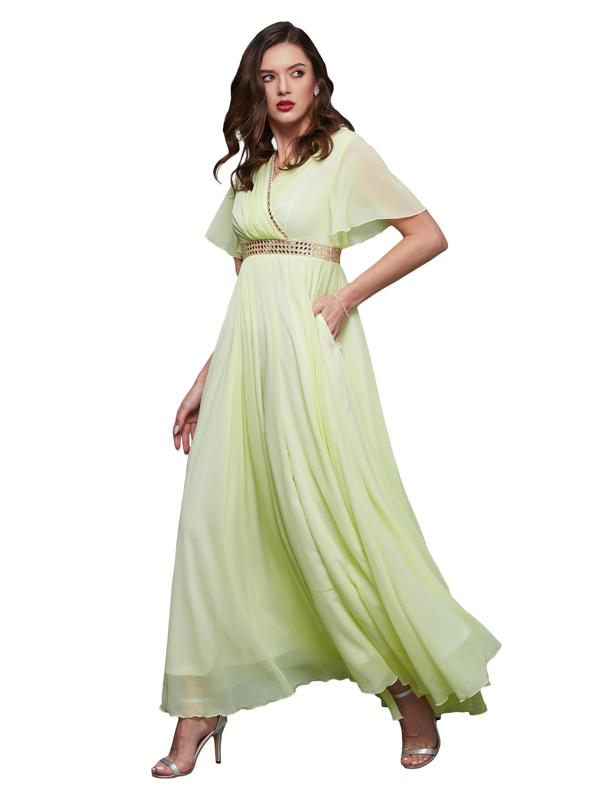 Miss Chase WomenS V-Neck Flared/Bell Sleeves Solid Georgette Fit & Flare With Pockets Maxi Dress (Mcss23D06-61-299-06, Lemon Ye