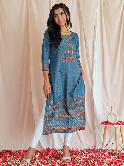Libas WomenS Crepe Printed Straight Kurta (26560_Teal