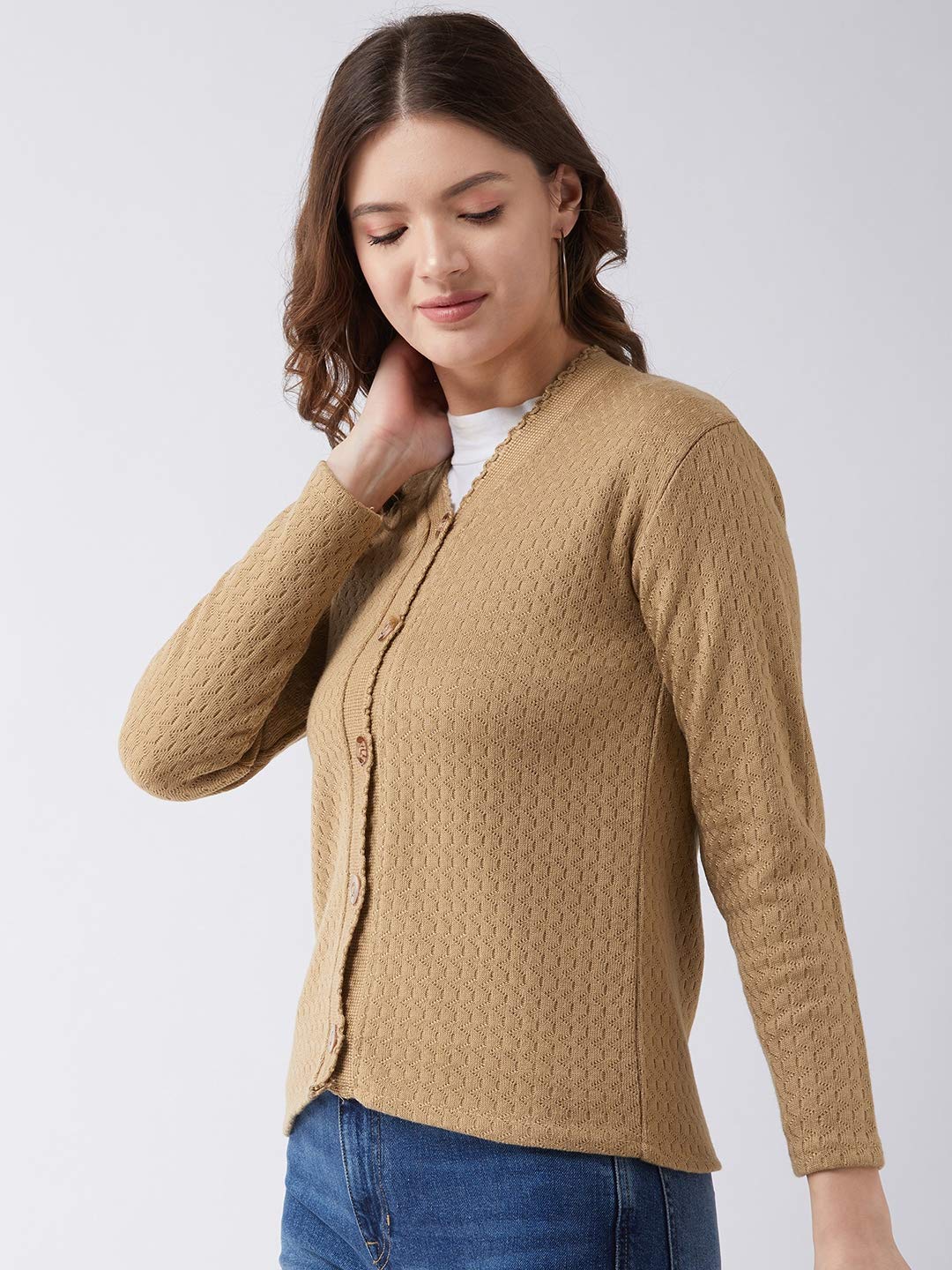 Pivl Womens Blended V-Neck Cardigan Sweater (PV501_Camel