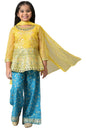 Girls Liva Yellow Floral Printed Flared Top With Blue Palazzo And Yellow Dupatta