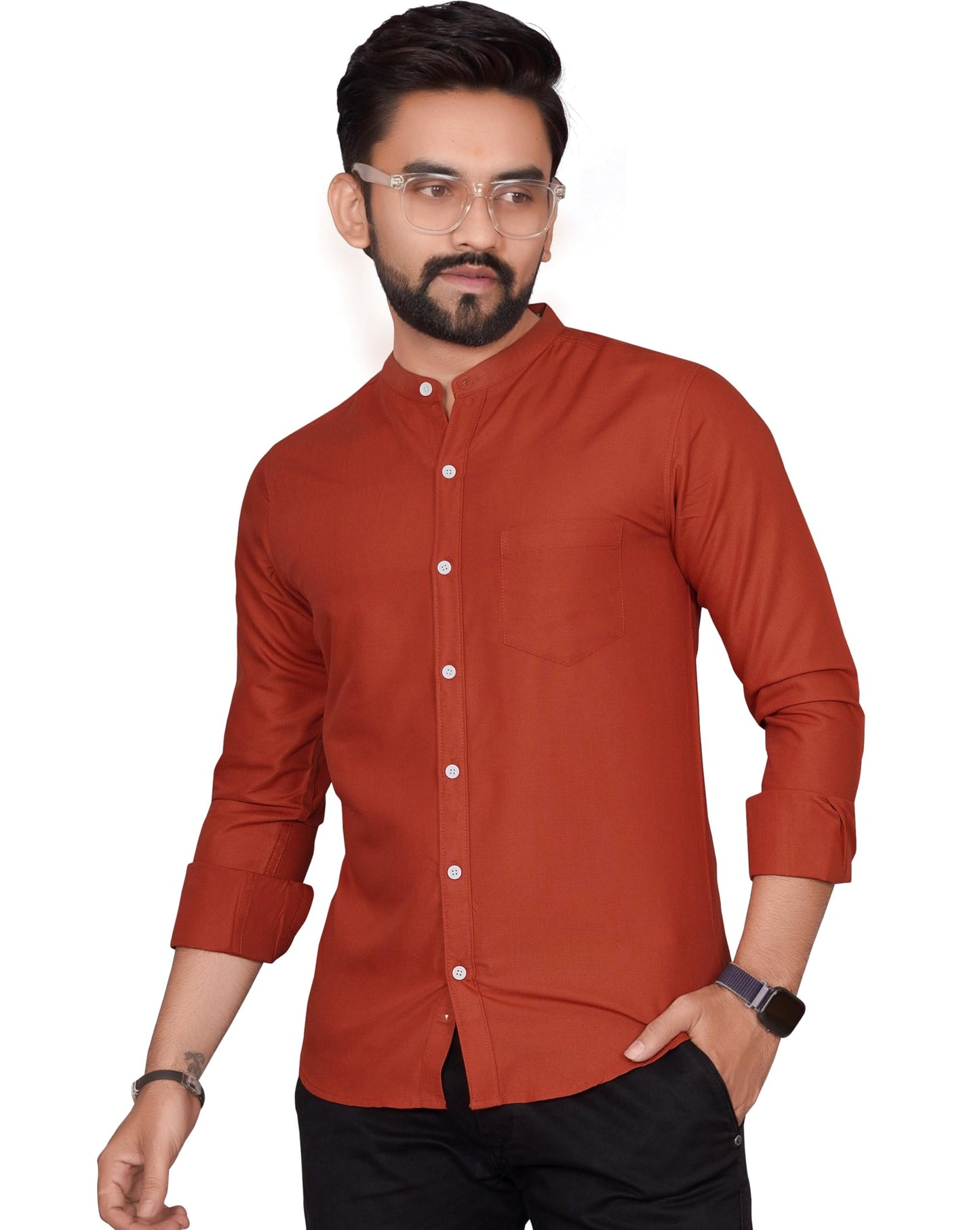 Besix MenS Cotton Solid Shirt With Mandarin Collared Full Sleeve Button Closure Curved Hem Straight Length And One Pocket | Mdr