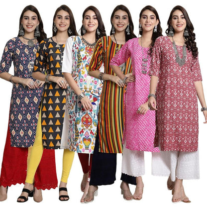 Pinkmint WomenS Crepe Kurti Round Neck Straight Kurti For Women Comfortable Kurti Regular Wear Kurti For WomenS (Pack Of 6)