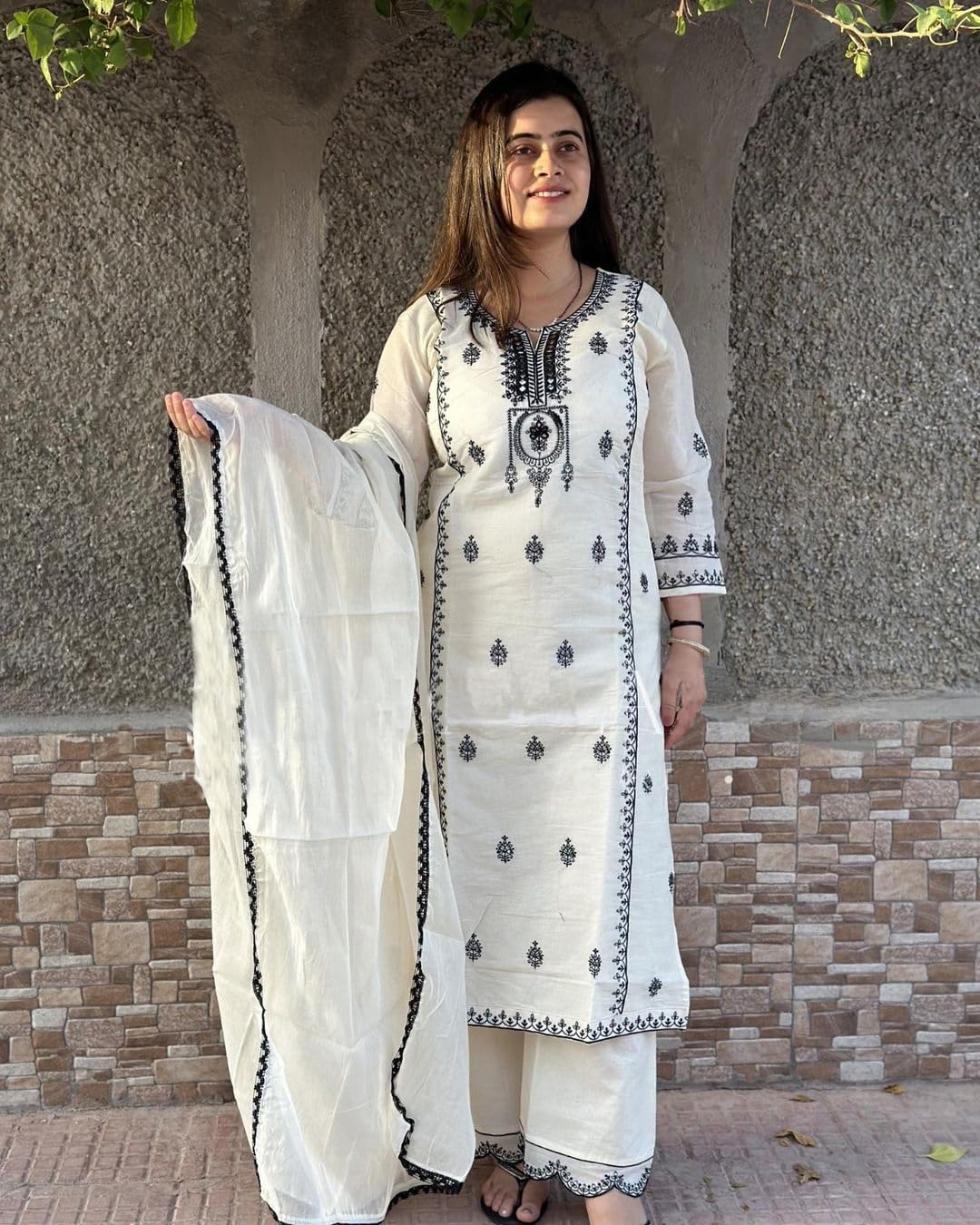GoSriKi Ladies Straight Kurta with Trousers & Dupatta, Rayon Blend, Size 50, White, Model DEVANAGRI WHITE-GS
