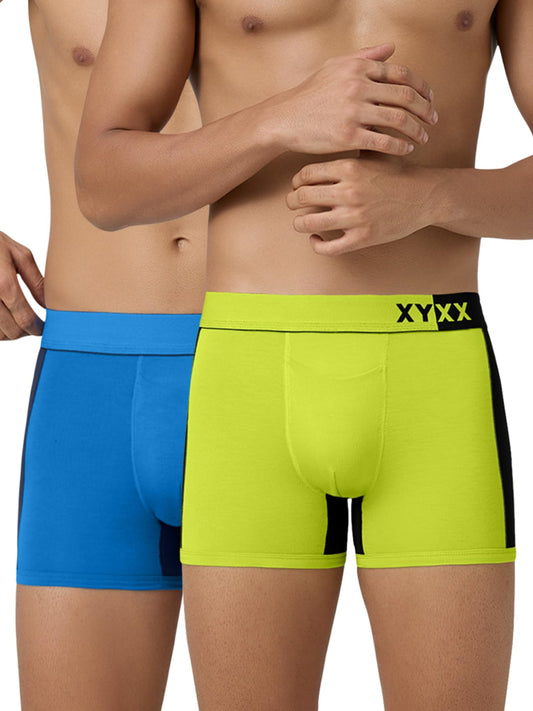XYXX Mens Underwear Dualist IntelliSoft Antimicrobial Micro Modal Trunk Pack of 2 (Brilliant Blue & Black Iris;Lime Punch & Bla