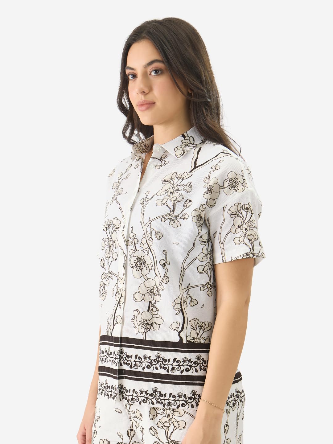 The Souled Store Gardenia Women and Girls Short Sleeve Collared Neck White All Over Print Button Down Oversized Shirts
