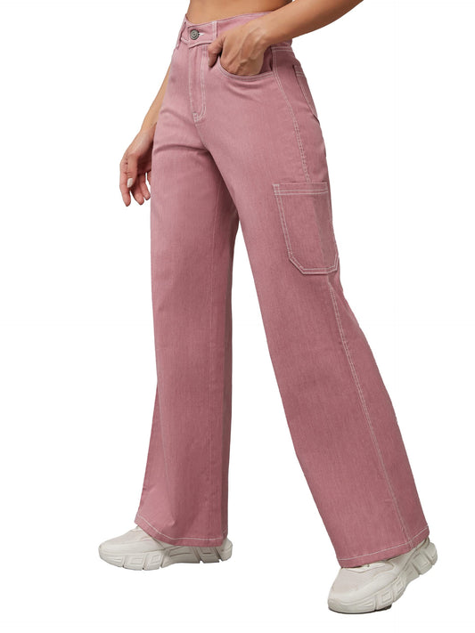 Dolce Crudo Womens Dusty Pink Wide-Leg High Rise Regular-Length Stretchable Denim Pants (DOSS23DEN12-48-234-28, Dusty Pink, 28)