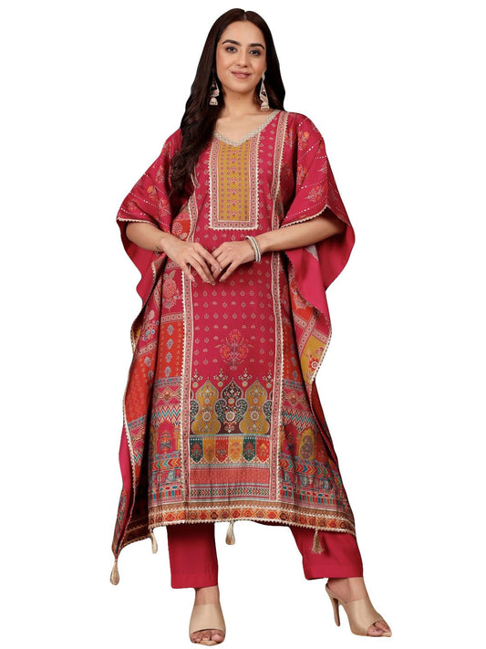 Varanga Women V Neck Ethnic Printed Zari Detailed Kaftan With Trouser
