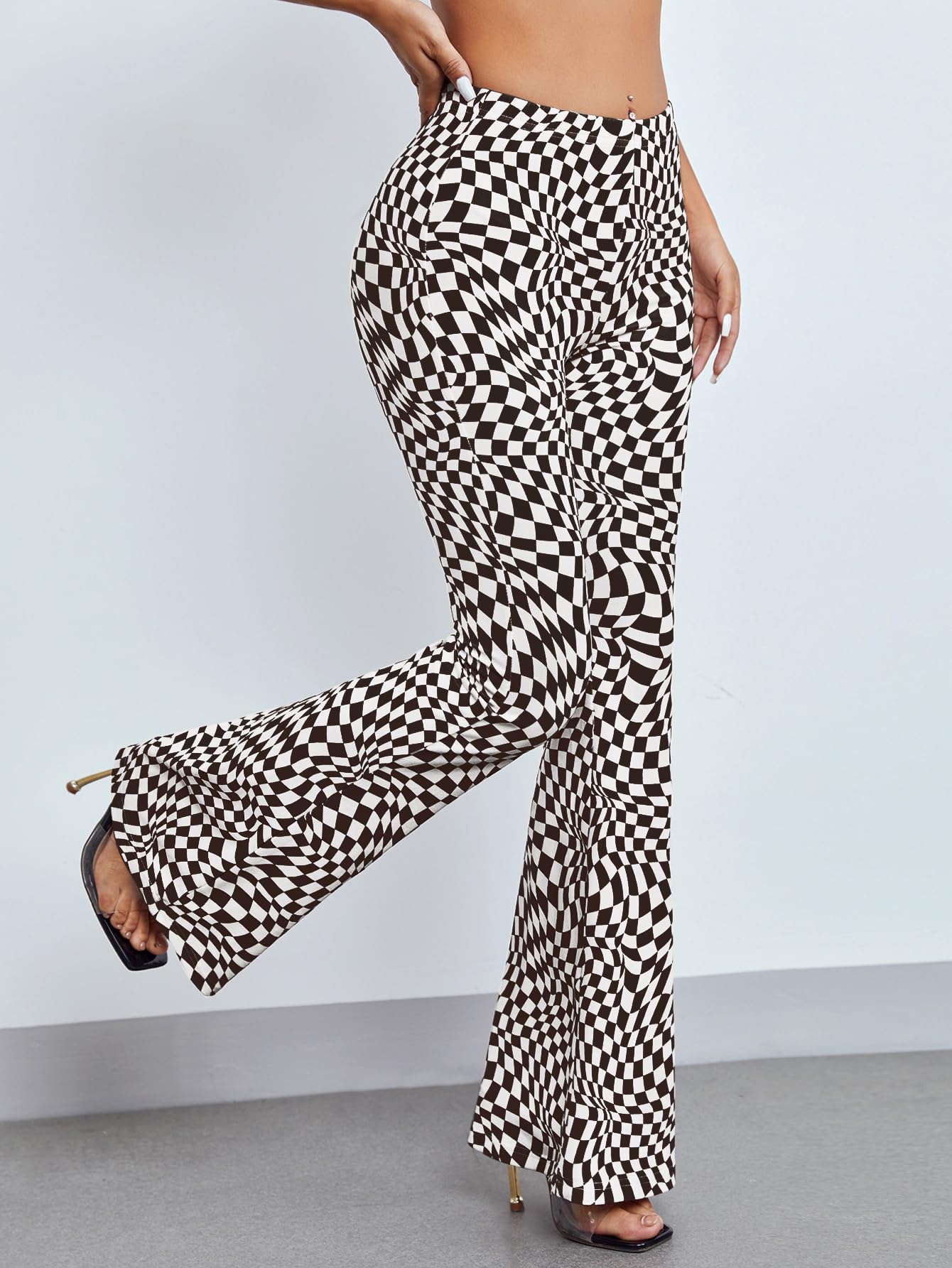 AVANOVA Womens & Girls Black Checkered Print Dress Pants Stretchy Work Slacks Business Casual Office Bell-Bottom/Boot-Cut Elast