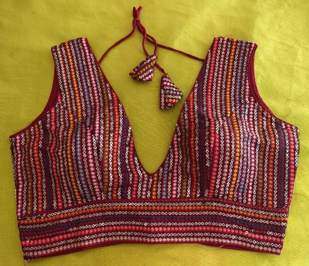 Vihu Fashion Womens Sleeveless Readymade sabyasachi Pattern V Neck Blouse Embroidery Work with Sequence Blouse Indian Ethnic we