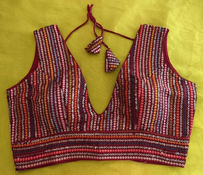 Vihu Fashion Womens Sleeveless Readymade sabyasachi Pattern V Neck Blouse Embroidery Work with Sequence Blouse Indian Ethnic we