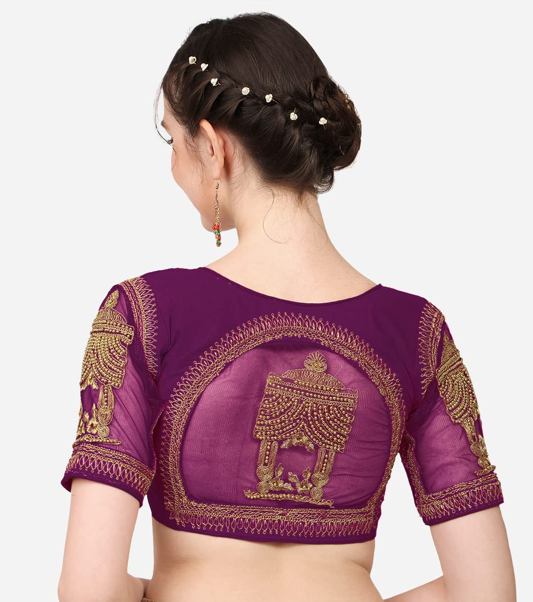 Pujia Mills WomenS Multicolor Temple Embroidery Net Back Sequence Khatli Work Sleeves Design Phantom Silk Readymade Saree Blous