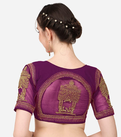 Pujia Mills WomenS Multicolor Temple Embroidery Net Back Sequence Khatli Work Sleeves Design Phantom Silk Readymade Saree Blous